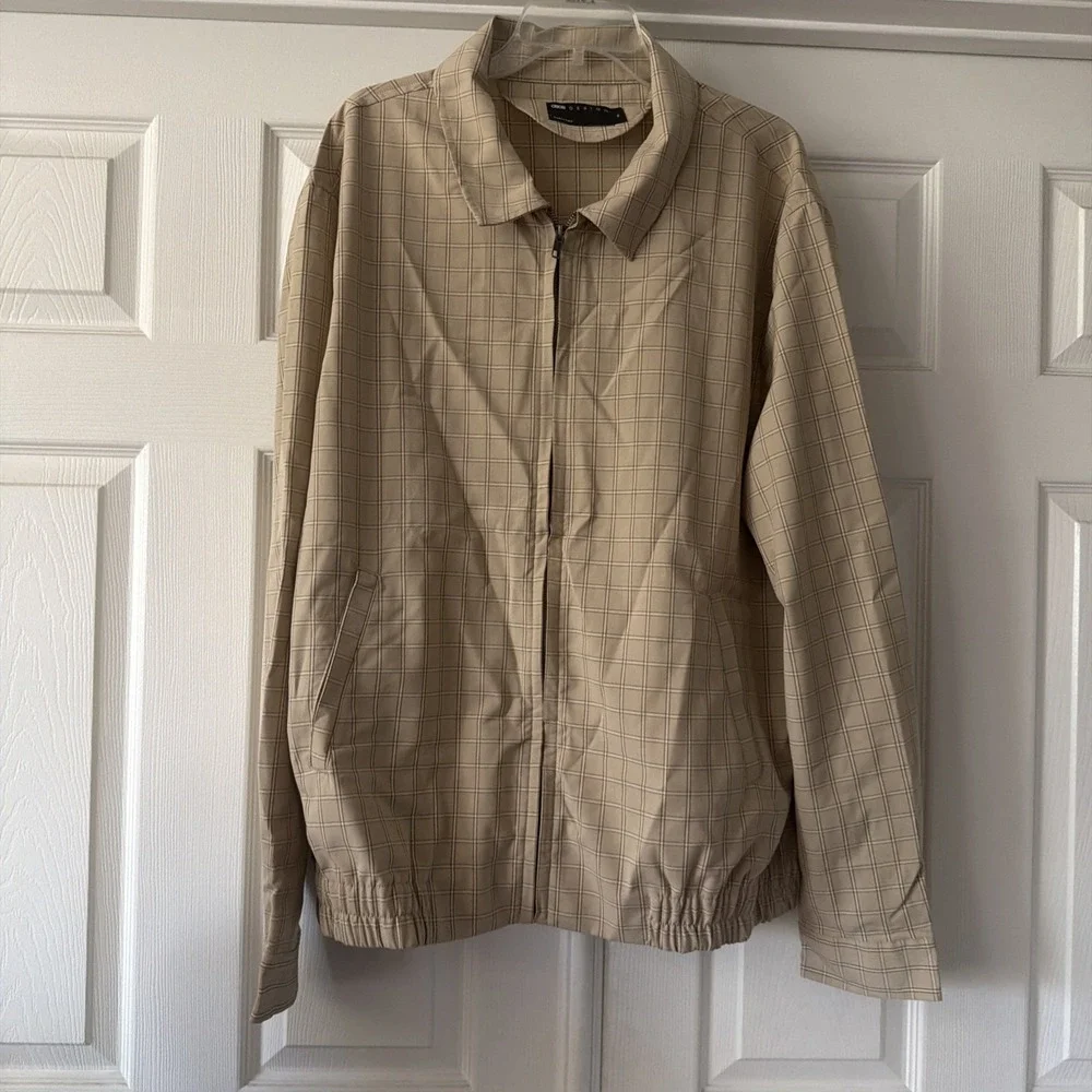 ASOS Design Mens 3XL Harrington Jacket Beige Plaid Check Full Zip Stretch Retro